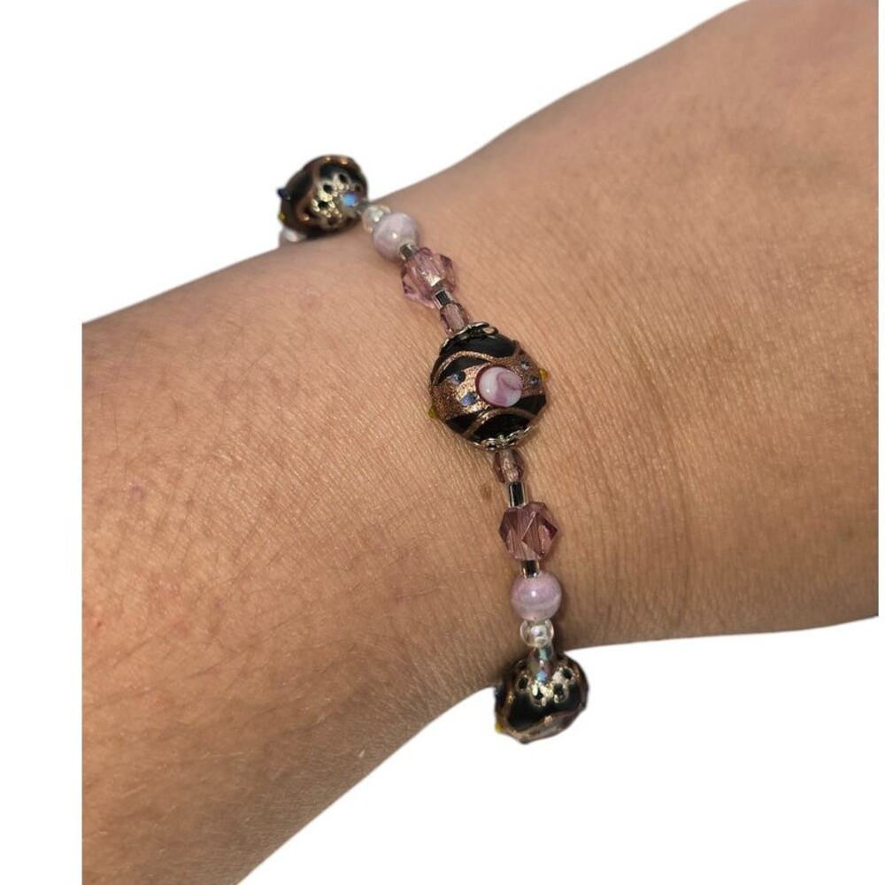 Cloisonné Bead Bracelet with Pink and Black Enamel Design - Vintage Romantic